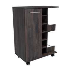 Bar Cart, Two External Shelves, Four Casters, Six Built-in Wine Rack, Single Door Cabinet -Espresso