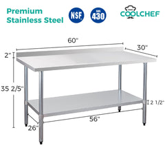 30" x 36" 18-Gauge Stainless Steel Commercial Work Table with 4" Backsplash and Undershelf