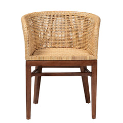 Modern Bohemian Natural Rattan and Walnut Brown Acacia Wood Dining Chair