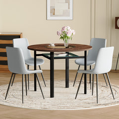 Table and chair set.42 inch modern minimalist brown wood grain round dining table set.Paired with 4 Light Gray Linen Dining Chairs With Curved Widened Cushion. Suitable for dining rooms,office,etc.