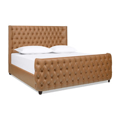 Brooklyn King Tufted Panel Bed Headboard and Footboard Set, Caramel Tan Brown Faux Leather