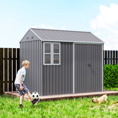 Outsunny 8' x 5.5' Metal Garden Storage Shed, Extra Large Outdoor Tool Storage House w/Lockable Doors, Window, Air Vents, Gray