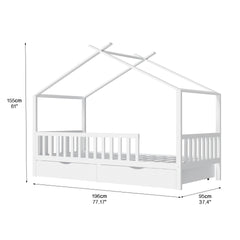 Full House Bed with 2 Storage Drawers, Kids Full Bed Frame with Rails and Roof, Tent Bed, Wooden Full Daybed, Full Montessori Bed for Kids Teens Girls & Boys, No Box Spring Needed (White)
