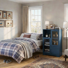 MDF painted Cabinet with Glass Doors and drawer, open storage space, Navy Blue ,Bedroom, Living room