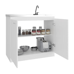 Napoles Utility Sink with Faucet Inclued and Integrated Stainless Steel Counter top, Freestanding cabinet with two doors, Metal Handles and Two interior shelves, White