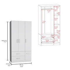 Sebree 71" High Armoire Wardrove Closet with 2 Drawers, Four Doors , Three Cabinet , Six Shelves and Hanging Rod, Bedroom Clothes Storage Cabinet Organizer White