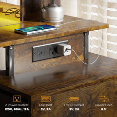 HOMCOM 56" Computer Desk with Storage, Computer Table with Power Outlets and LED Lights, Rustic Brown