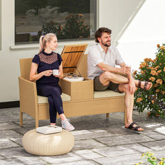Outsunny Patio Sofa Wicker Loveseat with Built-in Flip-Top Coffee Table and Cushions for Balcony, Garden, Lawn, Backyard, Khaki