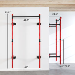 Soozier Folding Squat Rack with Pull Up Bar, Wall Mounted and Adjustable, 1000 Pounds Capacity Power Rack, Red