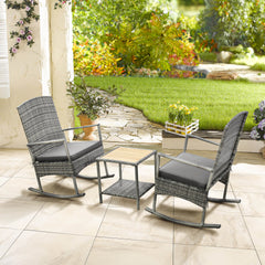 Outsunny 3 Piece Outdoor PE Rattan Rocking Chair Set, Patio Wicker Recliner Rocker Chair with Soft Cushion & Nature Wood Top Coffee Table, Gray