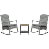 Outsunny 3 Piece Outdoor PE Rattan Rocking Chair Set, Patio Wicker Recliner Rocker Chair with Soft Cushion & Nature Wood Top Coffee Table, Gray