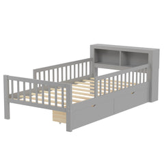 Twin Size Bed with Headboard Storage Rack, Two Under-Bed Drawers, Three-Side Guardrails for Safety and Security,Gray