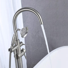 Freestanding Bathtub Faucet with Handheld Shower 40.12" High Swan Neck Spout Brushed Nickel Solid Brass for Clawfoot Tub
