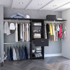 Plego 70"W - 118"W Drawers Closet System, One Drawer,Three Hanging Rods, Five Shelves -Black