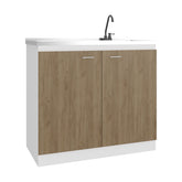 Napoles Utility Sink with Faucet Inclued and Integrated Stainless Steel Counter top, Freestanding cabinet with two doors, Metal Handles and Two interior shelves, Natural+White