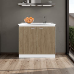 Napoles Utility Sink with Faucet Inclued and Integrated Stainless Steel Counter top, Freestanding cabinet with two doors, Metal Handles and Two interior shelves, Natural+White