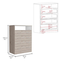 Peru L Four Drawer Dresser, Superior Top, One Open Shelf -Light Gray / White