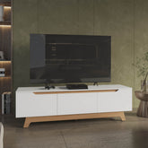 Woodall Tv Stand, Two Doors Modern Entertainment Center, Open Shelves And Cable Management, White/ Natural Oak