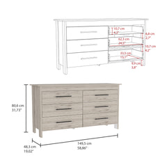 Hms 6 Drawer Double Dresser, Four Legs, Superior Top, Six Drawers -Light Gray