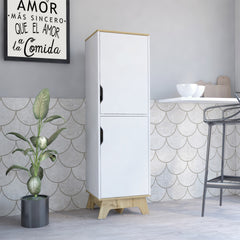 Pamplona Microwave Tall Cabinet Counter Surface, Top And Lower Double Doors Cabinets -Light Oak / White