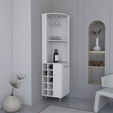 Kaia 70" Tall Corner Bar Cabinet With Four Shelves, Ten Wine Bottle Cubbies and Stemware in White