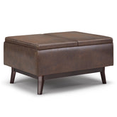 Owen 34 inch Wide Tray Top Small Coffee Table Storage Ottoman in Distressed Chestnut Brown Vegan Leather