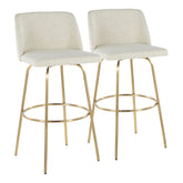Toriano 30" Contemporary Fixed-Height Barstool with Swivel in Cream Fabric and Gold Metal with Round Footrest by LumiSource - Set of 2