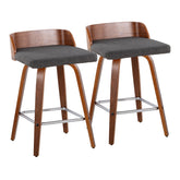 Maya 26" Mid-Century Modern Fixed-Height Counter Stool with Swivel in Walnut Wood and Charcoal Fabric with Square Chrome Metal Footrest by LumiSource - Set of 2