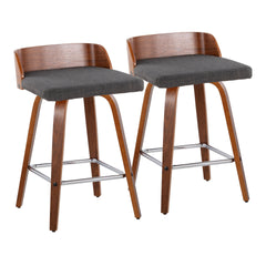 Maya 26" Mid-Century Modern Fixed-Height Counter Stool with Swivel in Walnut Wood and Charcoal Fabric with Square Chrome Metal Footrest by LumiSource - Set of 2