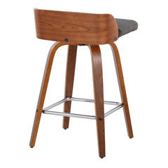 Maya 26" Mid-Century Modern Fixed-Height Counter Stool with Swivel in Walnut Wood and Charcoal Fabric with Square Chrome Metal Footrest by LumiSource - Set of 2