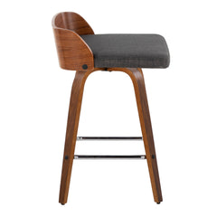Maya 26" Mid-Century Modern Fixed-Height Counter Stool with Swivel in Walnut Wood and Charcoal Fabric with Square Chrome Metal Footrest by LumiSource - Set of 2