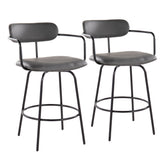 Demi 26" Contemporary Fixed-Height Counter Stool with Swivel in Black Metal and Grey Faux Leather with Round Black Metal Footrest by LumiSource - Set of 2