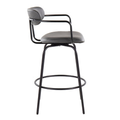 Demi 26" Contemporary Fixed-Height Counter Stool with Swivel in Black Metal and Grey Faux Leather with Round Black Metal Footrest by LumiSource - Set of 2