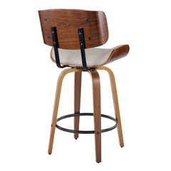 Lombardi 26" Mid-Century Modern Fixed-Height Counter Stool with Swivel in Walnut Wood and Cream Faux Leather with Round Black Metal Footrest by LumiSource - Set of 2
