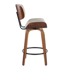 Lombardi 26" Mid-Century Modern Fixed-Height Counter Stool with Swivel in Walnut Wood and Cream Faux Leather with Round Black Metal Footrest by LumiSource - Set of 2