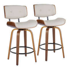 Lombardi 26" Mid-Century Modern Fixed-Height Counter Stool with Swivel in Walnut Wood and Cream Faux Leather with Round Black Metal Footrest by LumiSource - Set of 2