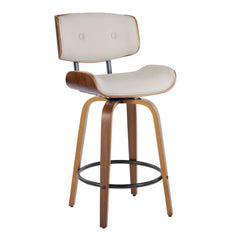 Lombardi 26" Mid-Century Modern Fixed-Height Counter Stool with Swivel in Walnut Wood and Cream Faux Leather with Round Black Metal Footrest by LumiSource - Set of 2