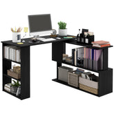 HOMCOM L Shaped Desk, Corner Computer Desk, 360 Degree Rotating Home Office Desk with Storage Shelves, Writing Table Workstation, Black
