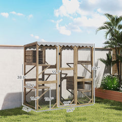 PawHut Outdoor Cat Enclosure with Window Access, 5 Platforms and 2 Resting Boxes, Waterproof Roof for Multiple Cats, Brown