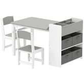 Qaba Kids Desk and Chair Set with Paper Roll, Kids Activity Craft Table with Storage Shelves and Drawers, Gray