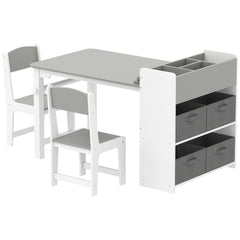 Qaba Kids Desk and Chair Set with Paper Roll, Kids Activity Craft Table with Storage Shelves and Drawers, Gray