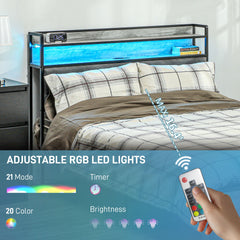 HOMCOM Full Bed Frame with Storage Upholstered Headboard, Full Size Bed Frame with LED Lights, Charging Station, Cement Gray
