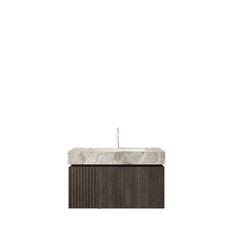 MURI 30" Bathroom Vanity&Sink, Floating Plywood Storage Cabinet with Drawer&Door, Light Gray Sintered Stone Top&Ceramic Basin with 1 Pre-drilled Faucet Hole, Pre-assembled, Espresso Woodgrain Color