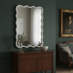 White 30"x40" Wavy Rectangle Solid Wood Frame Decorative Mirror,For Bedroom, Bathroom, Living Room, Entryway