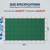 Swimming Pool Safety Cover, Fits 25x45ft Rectangular underground and Inground Swimming Pools, Triple Stitched High Strength Mesh PP Abrasion Resistant Installation Hardware Included,Green Mesh