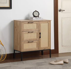 Mid - Century Style Storage Cabinet: 3 Drawers, Rattan Doors, Adjustable Shelves, Ideal for Living & Dining Rooms, Easy to Install