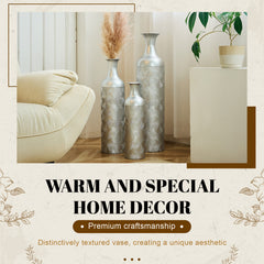 Silver Metal Vases, Set of 3 Modern Floor Vases with Wave Pattern for Home Decor, Tall Cylinder Flower Vases for Living Room Office (32.68, 25.98, 19.69 Inch)