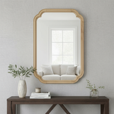 Natural Wood Color 24" x 36" Solid Wood Frame Rounded Corner Decorative Mirror, For Bedroom, Bathroom, Living Room, Entryway
