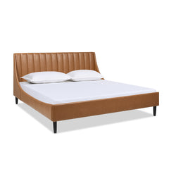 Aspen Vertical Tufted Headboard Platform Bed Set, King, Caramel Tan Brown Faux Leather