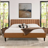 Aspen Vertical Tufted Headboard Platform Bed Set, King, Caramel Tan Brown Faux Leather